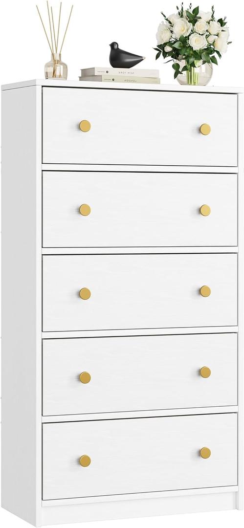 Nicehill White Dresser for Bedroom with 5 Drawers Wooden Dresser Storage Tower, Chest of Drawers for Closet, Living Room, Hallway, Entryway, Fabric Drawer (White) (11.8"D x 22.8"W x 44"H (5 Drawers))