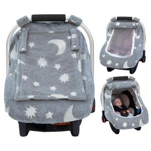 Baby Car Seat Cover, Carseat Covers Baby Glow in The Dark, Fleece Plush Infant Car Seat Cover for Girls Boys, Car Seat Canopy with Peep Mesh Windows, Universal Carrier Cover for All Seasons (Grey)