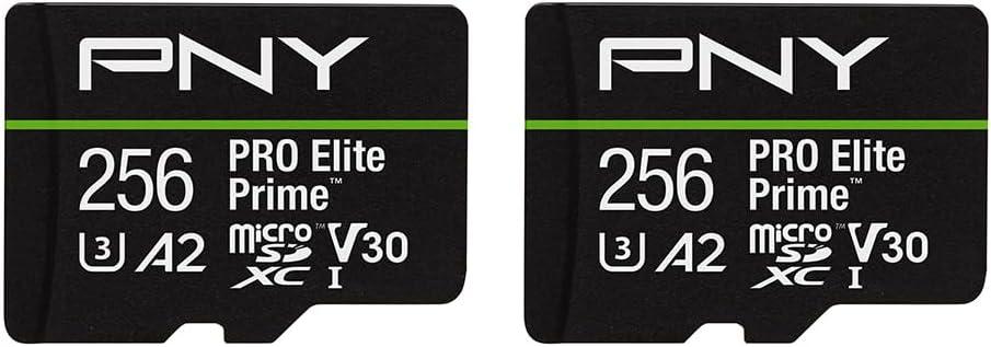 PNY 256GB PRO Elite Prime C10 U3 V30 A2 microSDXC Flash Memory Card – Ultra-Fast Speeds, Read 200MB/ s, Write 150MB/ s, 4K UHD, Full HD, UHS-I, for Smartphones, Drones, Action Cameras, 2-Pack