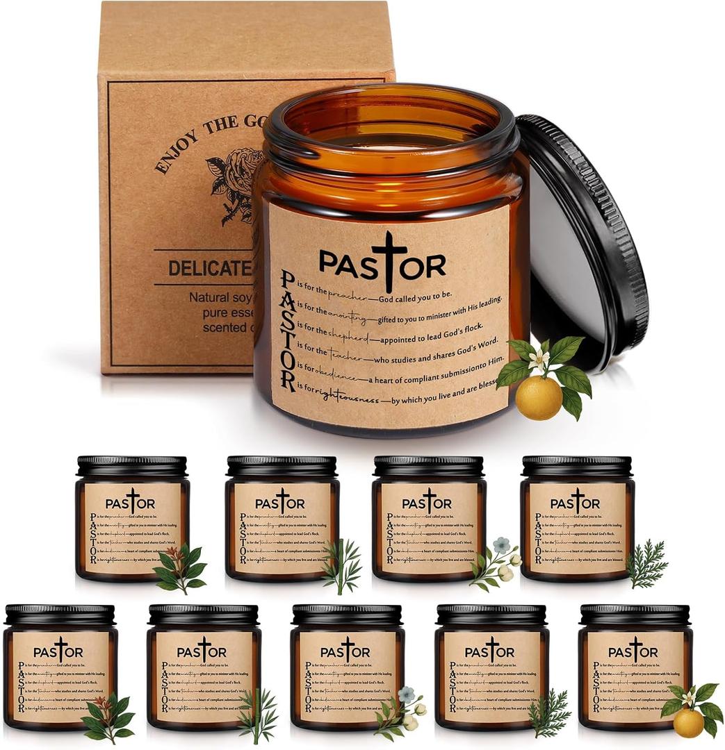 Lounsweer 10 Pcs Funny Pastor Appreciation Gifts, 3.5 oz Scented Candle for Men Women Man of God Father Godfather Birthday Retirement Ordination Christian Gift for Pastors, Preacher's Wife (Brown)