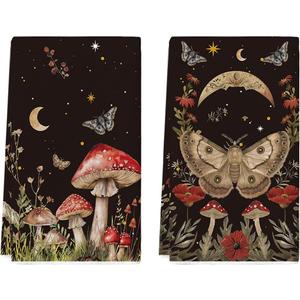 Artoid Mode Black Mushroom Moth Moon Kitchen Towel Dish Towel 18x26 Inch Spring Flower Seasonal Decoration Hand Towel