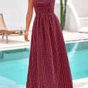 PRETTYGARDEN Women's 2026 Summer Spaghetti Strap Maxi Dresses Plaid Square Neck A Line Casual Beach Vacation Long Sundress (Red, L)