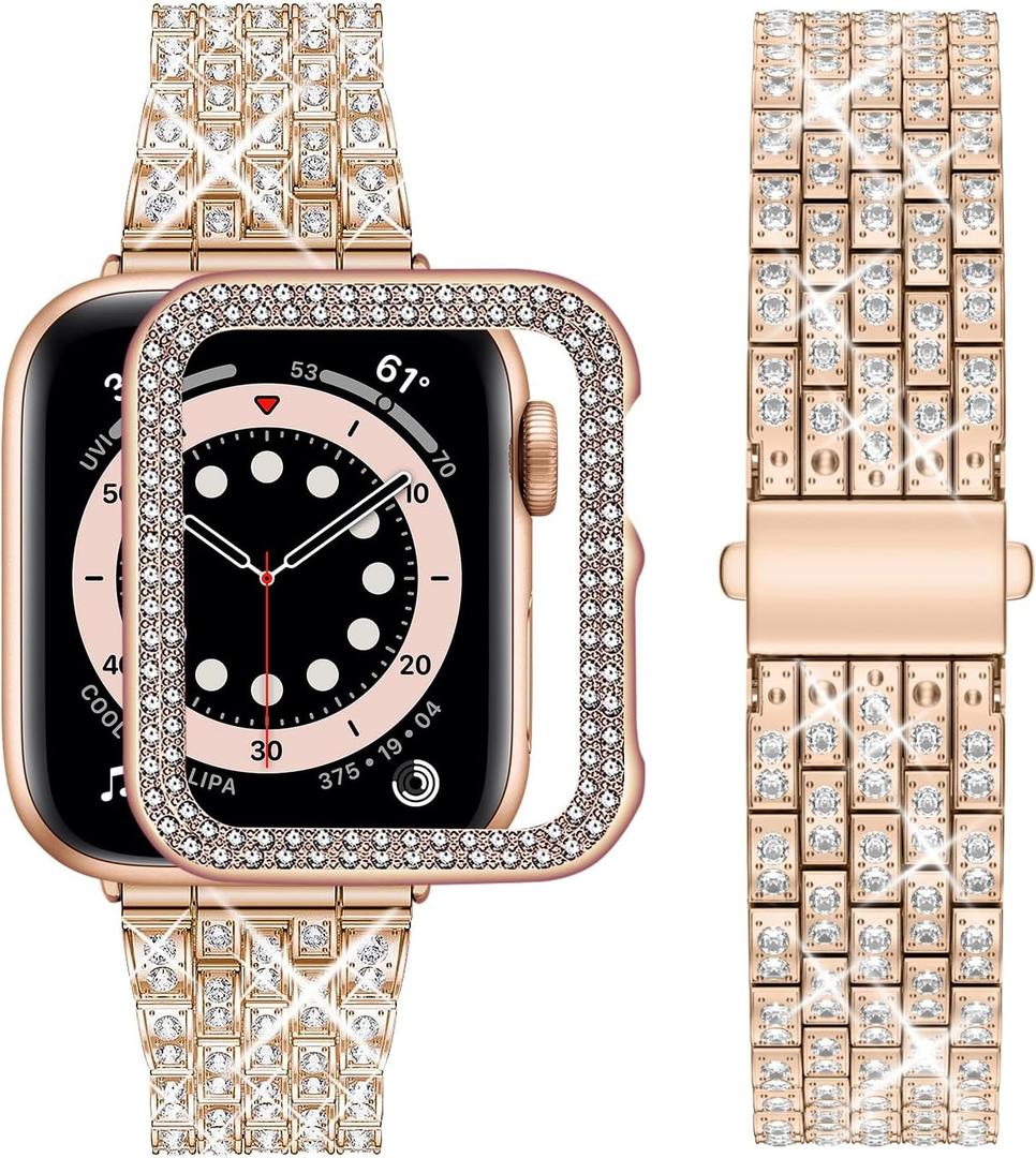 wutwuk Diamond Band with Bling Case Compatible with Apple Watch Bands for Women 42mm, Sparkly Metal Strap with Crystal Protective Bumper for iWatch Series 11 10, 42mm Rose Gold