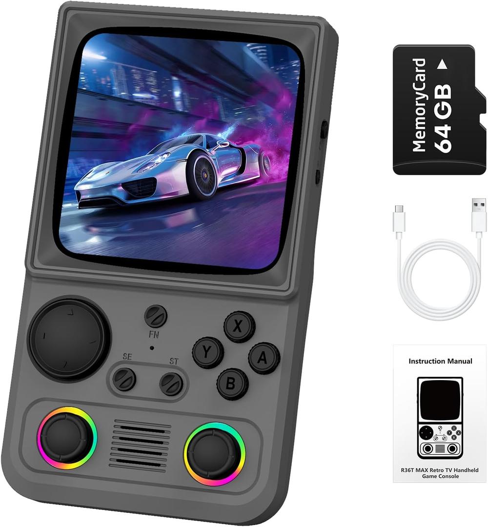 R36TMAX Retro Handhled Game Console, 4.0 Inch Retro Gaming Console with 4000mAh Battery, 64GB Preloaded with 18000+ Video Games, Portable Retro Game Console Supports WiFi Networked Fighting, Gray