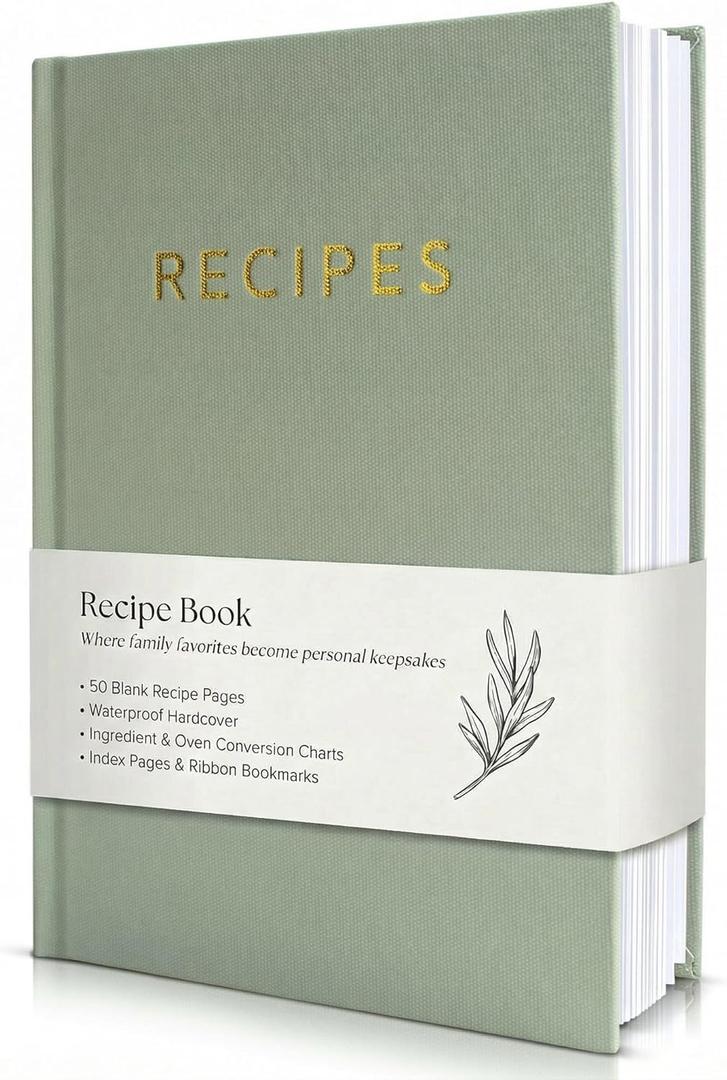 ZICOTO Aesthetic Blank Recipe Book with Waterproof Cover - The Perfect Recipe Notebook To Write In Your Own Recipes - Beautiful Blank Cookbook to Organize Your Recipes (Sage Green)