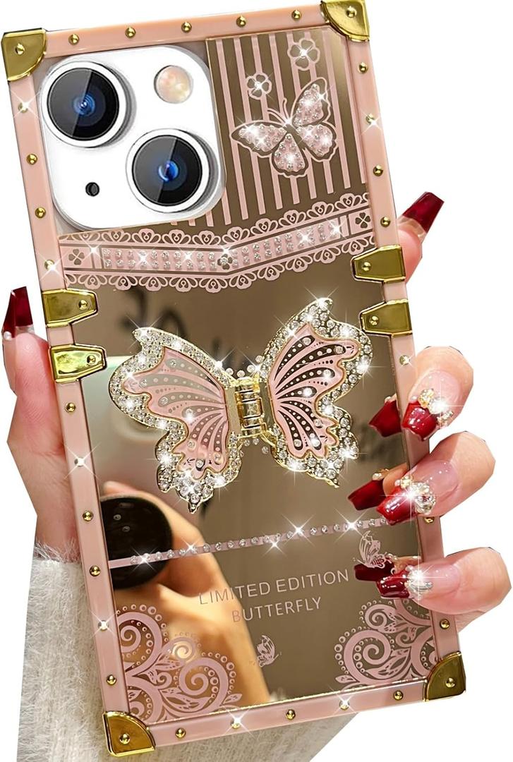 Glitter Kickstand Case for iPhone 15 Plus,Cute Bling Sparkly Rhinestones Butterfly with Foldable Stand Elegant Mirror Back Shockproof Protective Case for Women Girls for iPhone 15 Plus, Pink
