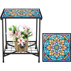 Cinnvoice Outdoor Side Table 2-tier Small Patio End Table, Mandala, 19.09 x 16.73 x 1.77 inches