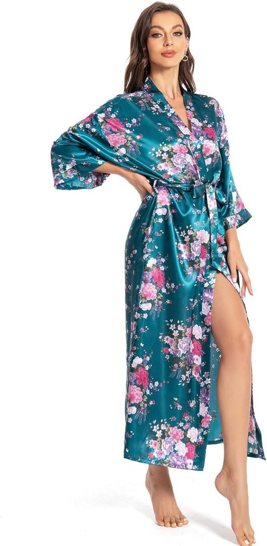 Women's Long Silk Robes Lightweight Long Satin Robes Full Length Sleepwear Dressing Gown (XX-Large-3X-Large Plus, Dark Green)