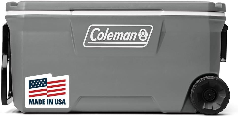 Coleman Classic Series Insulated Portable Wheeled Cooler, Leak-Resistant Outdoor Hard Cooler Keeps Ice up to 5 Days, 100-Quart (Rock Grey)