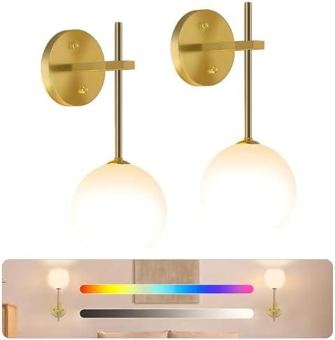 JKEYES Battery Operated Wall Sconce Set of 2, Gold Cordless Wall Lights with Dimmable Detachable Rechargeable Magnetic Bulbs,12 RGB Colors Wall Lights for Bedroom Living Room Hallway