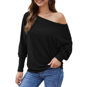 Aifer Women's Off The Shoulder Tops Sexy Long Sleeve Shirts Oversized Fashion Casual Batwing Sweaters Pullover Tunic Tops (Black, M)