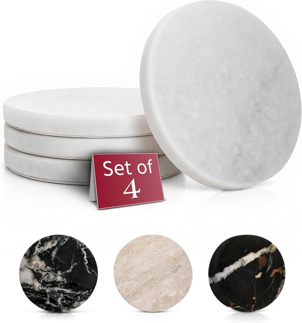 Gusto Nostro White Marble Coasters Set of 4 - Luxury Natural Stone Coasters for Drinks - Genuine Marble Kitchen Accessories, Round Artisanal Stone Coaster for Kitchen Counter, Coffee Table, Home Decor