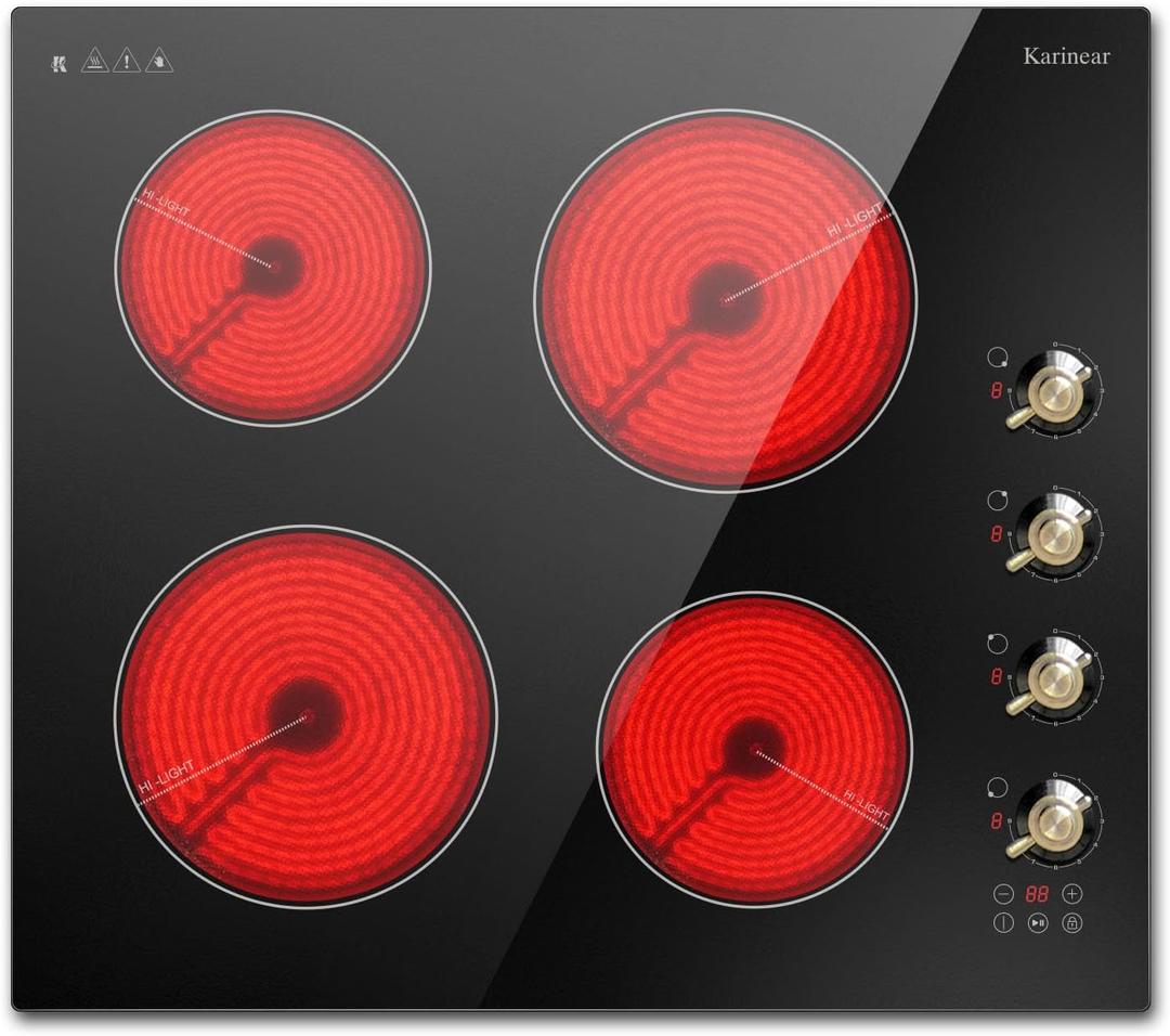 Karinear Electric Cooktop 24 Inch, 4 Burners Electric Stove Top, Built-in Electric Radiant Cooktop Knob Control, Safety Lock, Timer, Pause, 6000W 220~240V Hard Wired(No Plug)