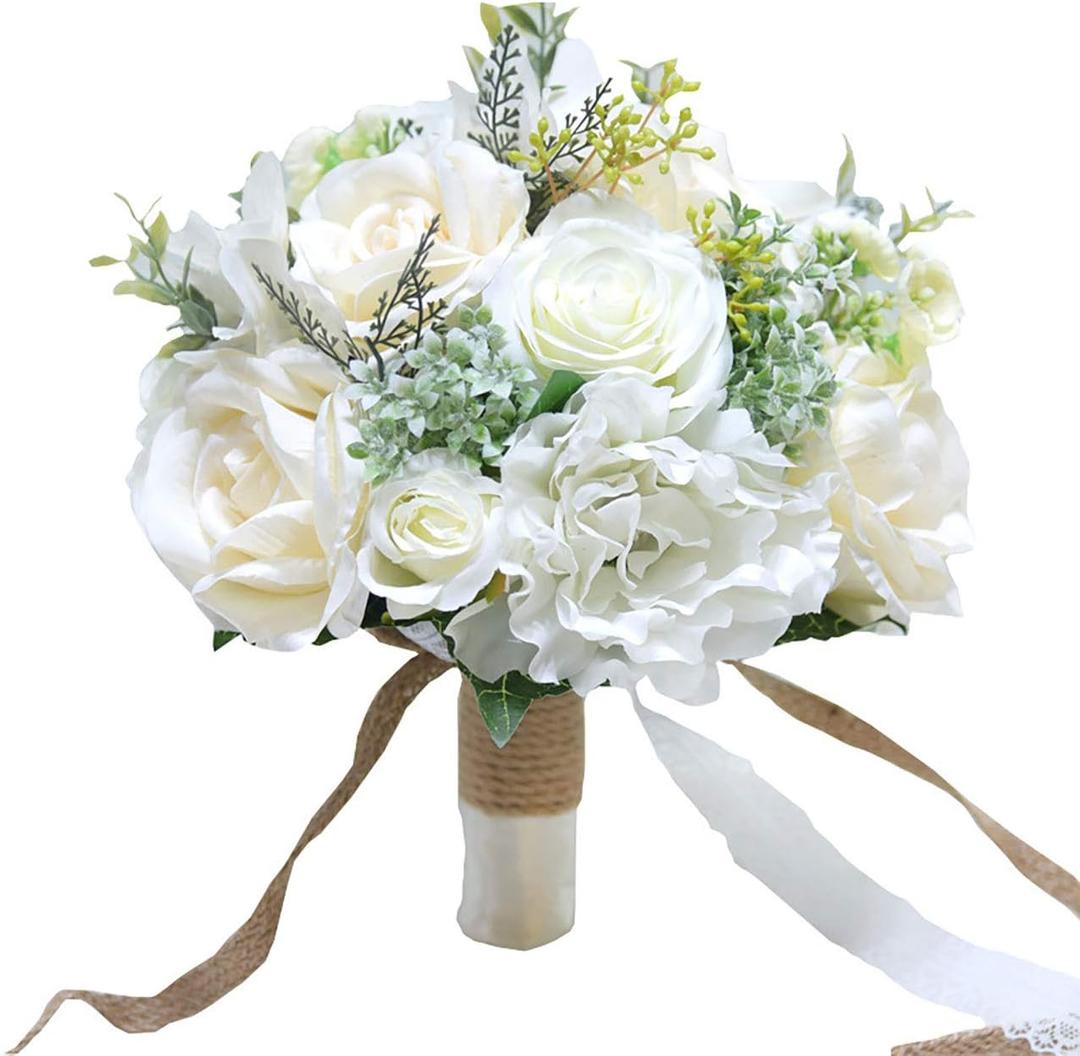 9.8" Bridal Holding Wedding Bouquet Real-Looking Mixed Flowers Ivory Greenery Bridal Throw Bouquet for Brides Bridesmaid Wedding Hold Flower, Ivory
