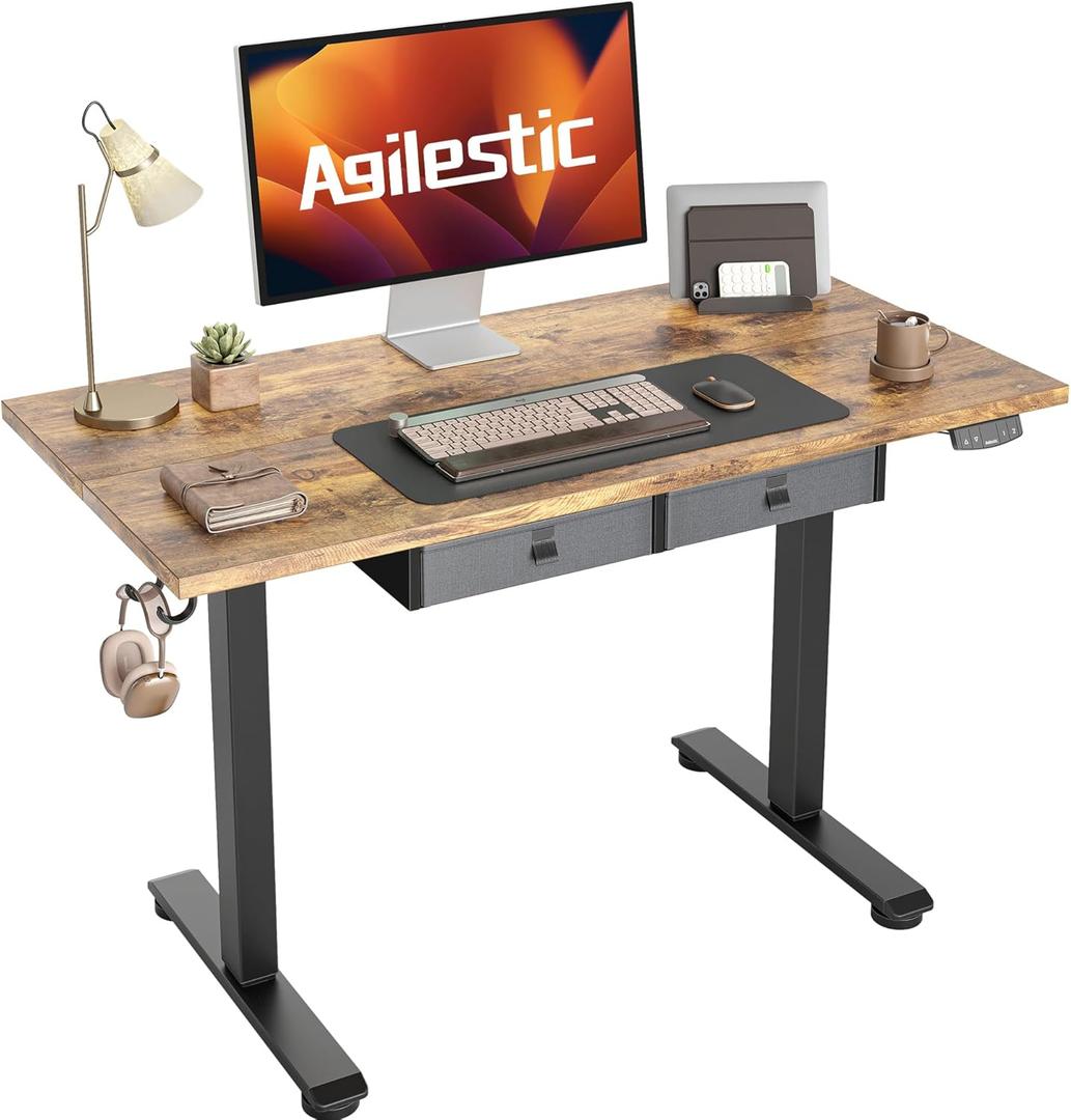Agilestic Standing Desk with 2 Drawers, Adjustable Height Electric Desk with Storage, 48 x 24 Inches Sit Stand Up Computer Table for Work Office Home, Rustic Brown