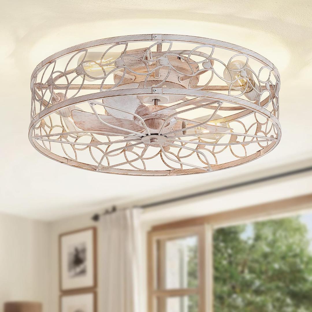LEDIARY 23 Inch Caged Ceiling Fans with Lights, White Flush Mount Ceiling Fan with Remote & App, Large Low Profile Bladeless Ceiling Fan Light Fixture for Bedroom, Kitchen, Dining Room-White Gold Color