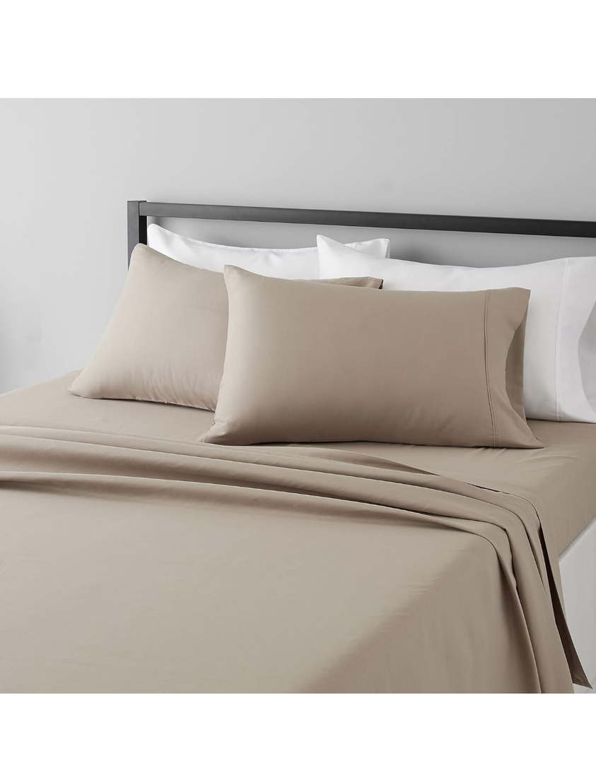 Basics Lightweight Super Soft Cooling, Easy Care Breathable Wrinkle Free Microfiber Comfortable 4-Piece Bed Sheet Set with 14-Inch Deep Pockets, Queen, Taupe, Solid (King)