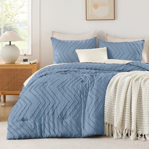 Andency Greyish Blue Oversized Queen Comforter Set, Boho Soft Warm Bedding Comforter Sets, 3 Pieces Aesthetic Chevron Farmhouse Cute Bohemian Textured Bed Set