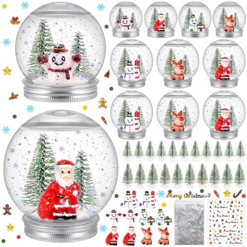 10 Pack Christmas Plastic Snow Globes Kit Includes 10 Clear Snow Globe, 20 Mini Xmas Trees, 10 Christmas fillable Ornaments, 1 Xmas Sticker with Glitter for DIY Crafts Home Winter Decor