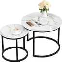 Smuxee White Nesting Coffee Table Set of 2, 23.6" Round Coffee Table Wood Grain Top with Adjustable Non-Slip Feet, Industrial End Table Side Tables for Living Room Bedroom Balcony Yard
