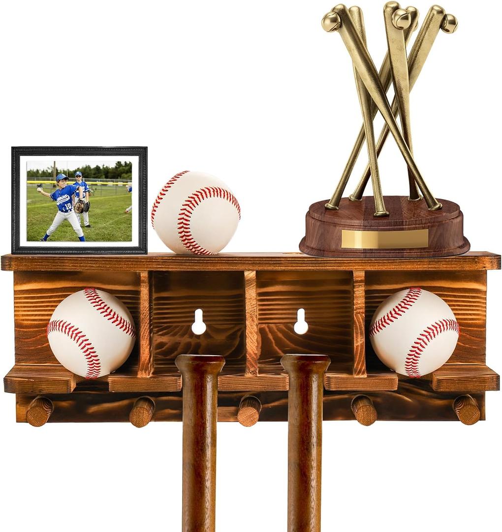 Tebery Wood Baseball Bat Holder and Ball Display Shelf Wall Mounted, Sports Memorabilia and Collectibles Floating Shelf Hanging Organizer Bat Rack