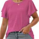 VISLILY Womens-Plus-Size-Summer-Tops Ruffle Short Sleeve T Shirts Crewneck Eyelet Tunics Casual Loose Tee (Pink, XXXL)