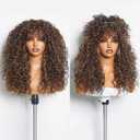 GORGIUS Veralux Blend Human Hair Highlight Brown Curly Wig with Bangs Glueless Synthetic Bang Wigs with Realistic Scalp Put On ang Go Beginner Friendly 20 Inch (#M427 Brown Highlights | Shaggy Curls)