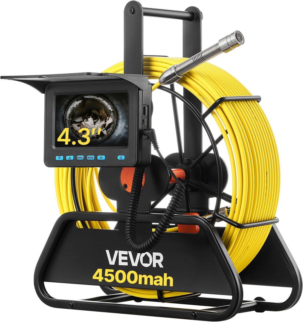 VEVOR Sewer Camera, 98 ft/30m, 4.3" Drain Inspection Tool, IP68 Waterproof Snake Plumbing Camera with Lights - 6 Adjustable LEDs, 4500mAh Battery & 16GB Card for Sewer Line Duct Pipes