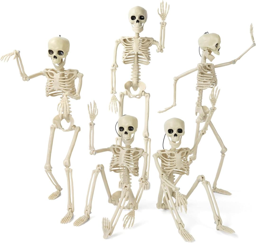 5 Pack Halloween Skeleton Decorations, 15.7" Halloween Full Body Mini Skeleton with Movable Posable Bones,Spooky Skeleton for Halloween Party Decor, Halloween Yard Graveyard Haunted House Props
