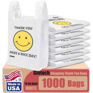 Glotoch 1000 Count - Plastic Thank You T-shirt Bags Smile Face White, 11.5 x 6.5"x 21" Grocery Bags with Handles for Restaurant, Retail, Grocery Store, Takeout, Convenience Stores, Shopping Bag in Bulk