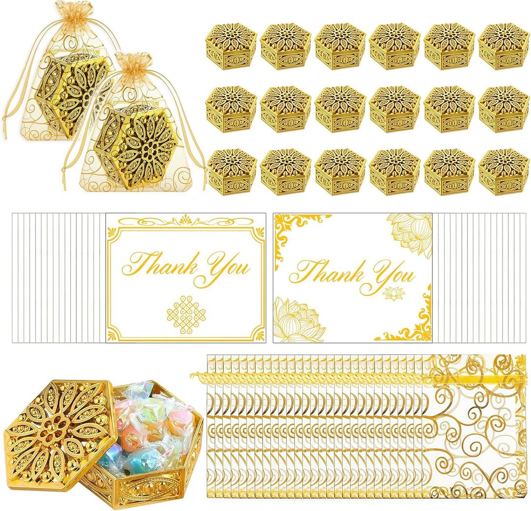 MEPIG 72 Pcs Indian Return Gifts for Pooja Bulk Hollow out Hexagon Candy Boxes with Organza Bags and Thank You Cards Golden Decorative Box for Diwali Wedding Christmas Party Return Gift (24 Set)