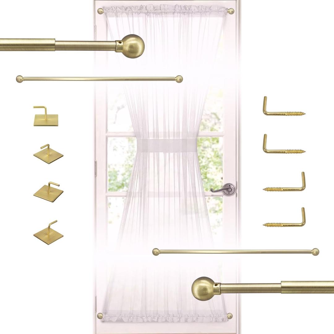 ARNORX French Door Curtain Rods - 2 Pack, Adjustable 16-28 Inch, 3/8" Diameter, Brass Brushed  Screw Mount Recommended for Daily-Use Doors, Adhesive for Lightweight Curtains & Low-Traffic Doors