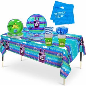 Video Game Birthday Party Decorations Themed Decor - 2026 Upgraded Plates Napkins Paper Cups Straws Forks Tablecloth Gaming Stuff for Boys & Girls Supplies Favor