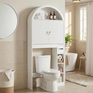 HOOBRO Over the Toilet Storage Cabinet, 67.7'' Tall Bathroom Organizer with Wave Doors, Arched Design with Adjustable Shelf, Toilet Paper Holder, Freestanding Cabinet for Narrow Space, White WT26TS01, 30.7 inches x 7.9 inches x 67.7 inches