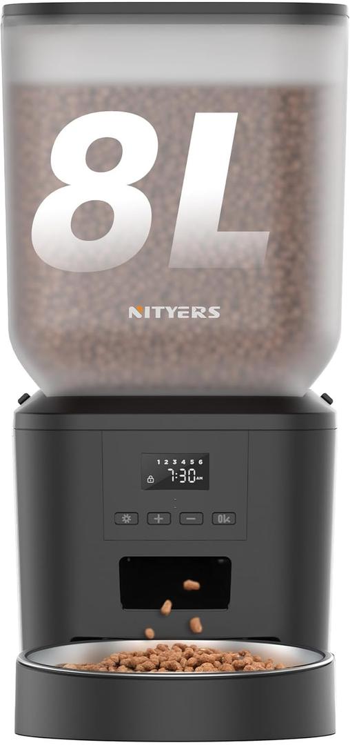 Automatic Dog Feeder - 8L/34 Cups Large Capacity Automatic Cat Food Dispenser with LCD Screen, Large Food Tray, Battery Operated, Timed Cat Feeder, Up to 50 Portions 6 Meals Per Day, Keeps Fresh (Black)