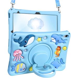 for iPad 10th Generation Case 10.9 Inch 2022, for iPad A16 Case 11th Generation - Girls Boys Cute Kawaii Girly Cover 3D Cartoon Ocean Design with Rotating Stand & Strap Silicone Blue Cases