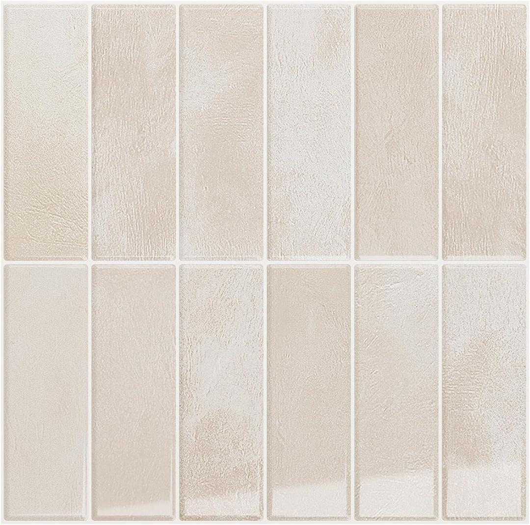 VEELIKE Beige Peel and Stick Backsplash Rectangular Subway Back Splash Stick on Tiles for Kitchen 6 Sheet 12''x12'' Self Adhesive Renter Friendly Backsplash Wall Tile Stickers for Bathroom Powder Room