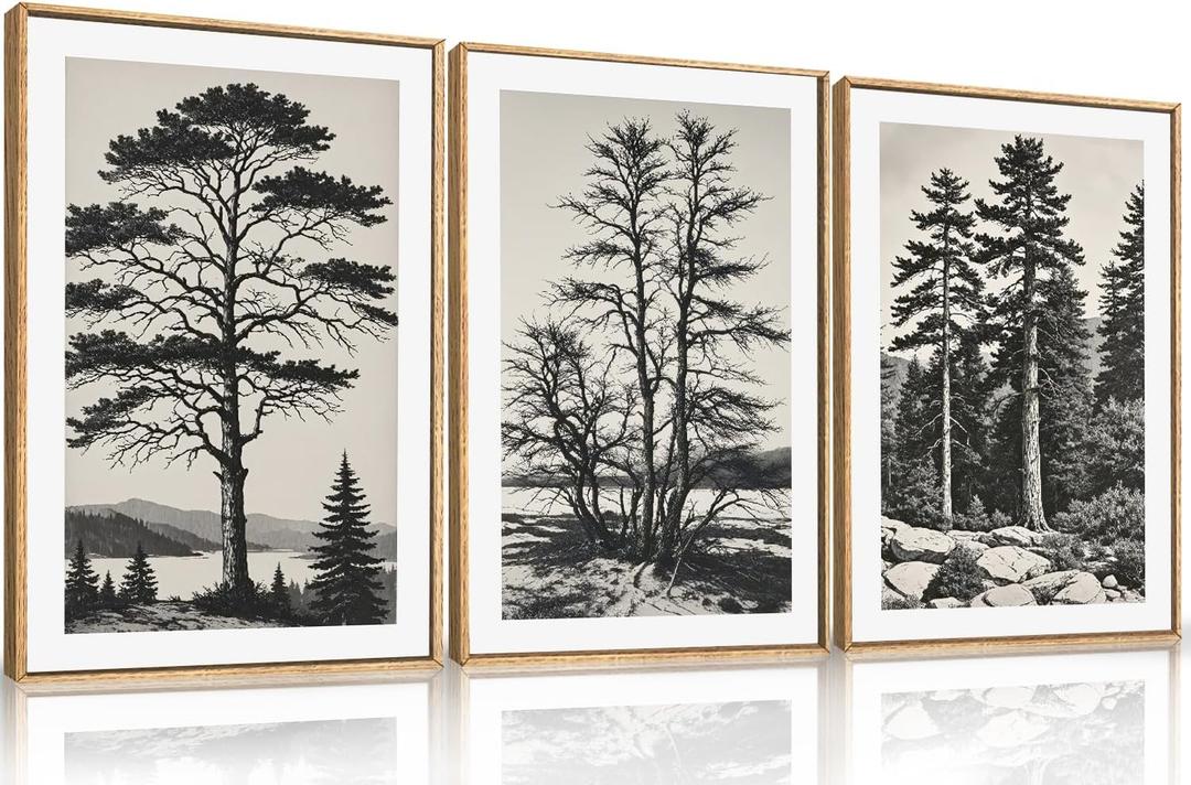 LHIUEM Large Vintage Sketch Tree Framed Wall Art Set,Antique Black and White Wall Decor,Nature Botanical Lake Artwork,Modern Wilderness Forest Art Prints for Living Room,Bedroom- 24"x36"x3