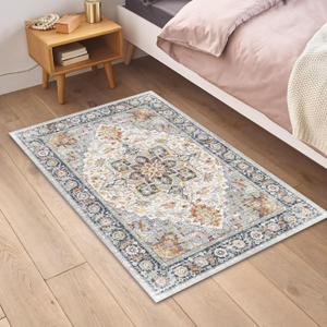 Machine Washable Area Rugs Non Slip 3x5 Stain Resistant Soft Boho Living Room Rugs Vintage Distressed Throw Carpet for Home Office Bedroom Dinning Room Kids Playroom (Beige-d)