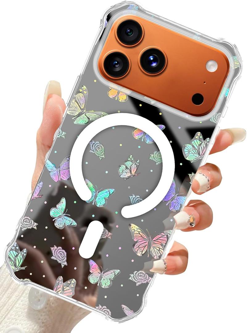for iPhone 18 Pro Max/17 Pro Max Case, Compatible with MagSafe, Clear Laser Iridescent Shockproof Slim Anti-Slip Military Drop Protection Hard Phone Case, Ditsy Floral