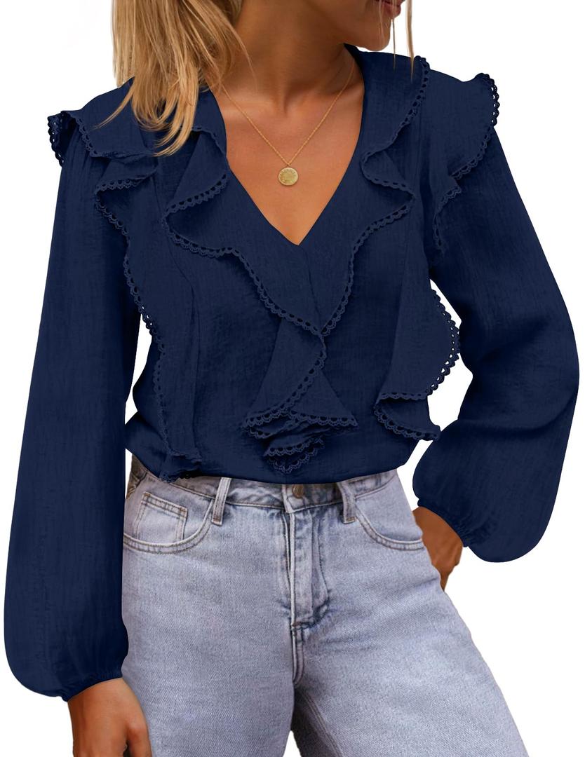 MEROKEETY Womens Spring Summer Long Sleeve Ruffle Blouse 2026 Dressy Casual Top V Neck Trendy Work Business Work Shirts, Navy, Medium (Blue, M)