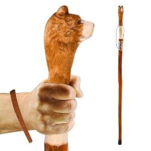 BODYTREE Carved Walking Stick - Lightweight and Strong Wooden Treckking Pole & Cane for Men Women & Seniors - A Hiking Gear Sculpted in Wood (Bear)