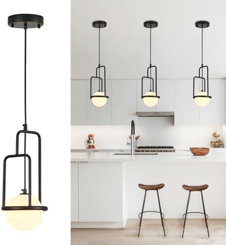 lighceac Mini Modern Globe Black Pendant Light Fixture for Kitchen Island 1-Light Hanging Ceiling Chandelier with Frosted White Glass for Dining Room Bedroom Entryway Living Room Foyer Hallway 3-Pack