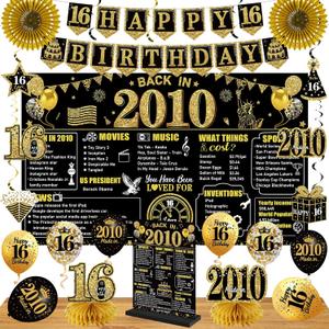 16th Birthday Decorations Kit for Boys Girls , Black Gold 24PCS Back in 2010 Banner Decorations , Vintage 2010 Banner Wooden Table Sign Poster Hanging Swirl Balloons Paper Fans Cheers to 16 years