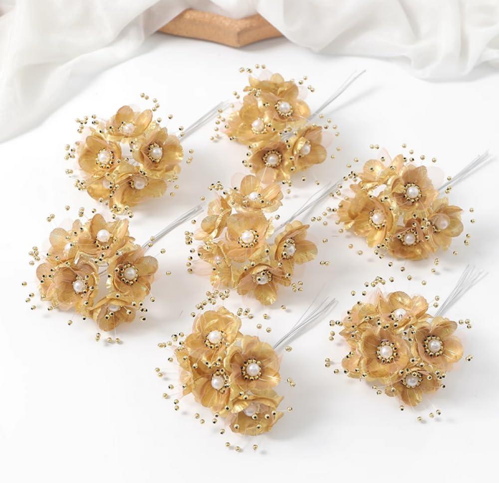 36 Small Fake Flowers and Soft Stem,40mm Mini Gold Artificial Flower Heads Bulk,Metal Pearl Flowers Branch Flowers for Graduation Cap,Crafts, Bridal Bouquets,Cake Top,Candle Rings Wreath