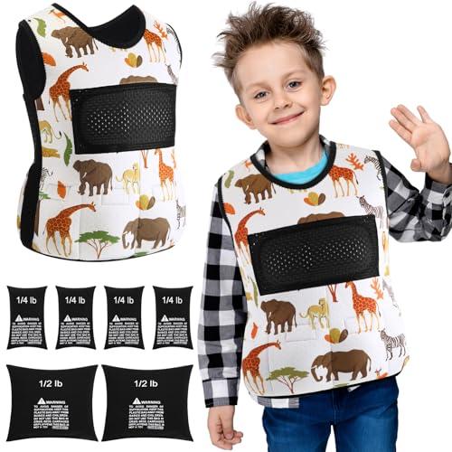 Janmercy Weighted Vest for Kids Ages 4 to 7 and Ages 8+ Boy Girl Adjustable Breathable Compression Vest for Processing Issue(Wildlife, Small, Beige)