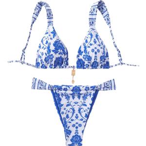 MakeMeChic Women's Floral Print 2 Piece Bikini Sets Tie Back Triangle Thong Bathing Suit Swimsuit, Size X-Small