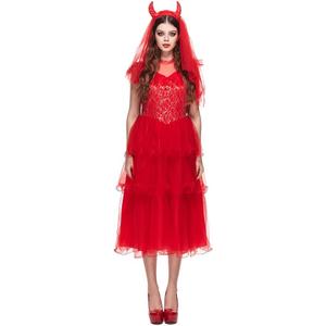 EraSpooky Adult Womens Red Devil Bride Costume Villainous Demon Halloween Wedding Dress with Devil Horns Veil (Large)