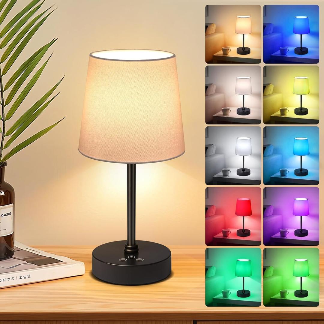 Cordless Table Lamp,5000mAh Rechargeable Battery Operated Desk Lamp,3Colors & 7 RGB Stepless Dimmable, Portable Small Touch Fabric Shade LED Night Light for Patio Restaurant Home(White) (11.4in)