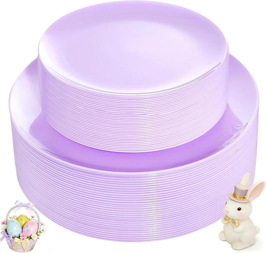 KIRE 60PCS Purple Plastic Plates Disposable - Heavy Duty Purple Plates Include 30Pcs 10.25 Dinner and 30Pcs 7.5 for Dessert/Salad - for Wedding/Bridal Shower
